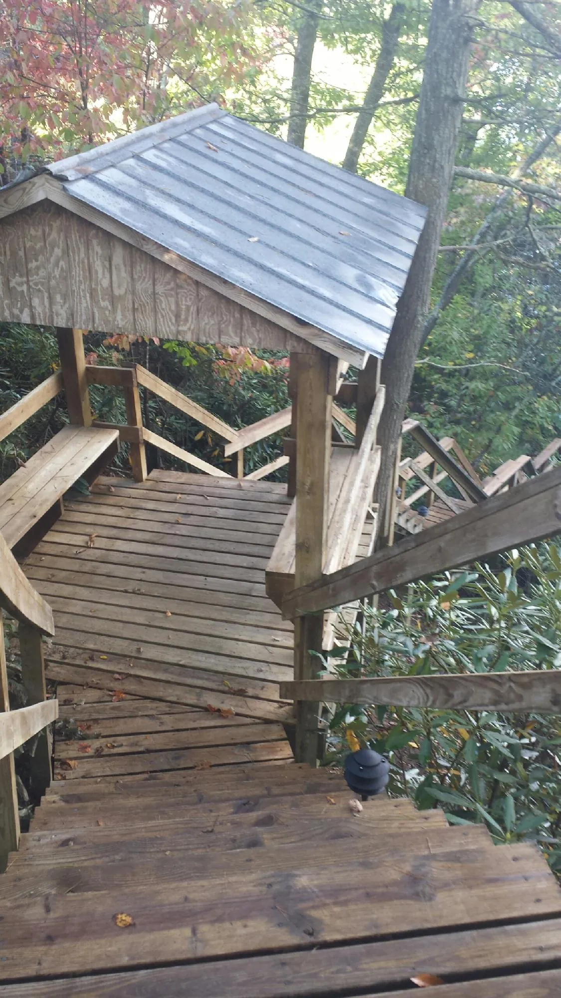 Metal roofed shelter over wooden steps on a wooded walkway — Skylight Repair & Installation work by our crew in Henrietta